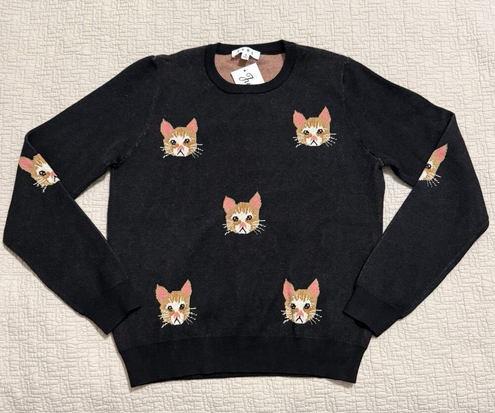 THML Heather Black Jacquard Cat Pattern Knit Sweater Size Medium